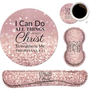 Keyboard Wrist Rest and Mouse Pad Wrist Rest Set with Coasters [4Pcs], Memory Foam, Easy Typing Pain Relief, Non-Slip Rubber Base for Computer, Laptop, Home & Office, Bible Verse Philippians 4-13