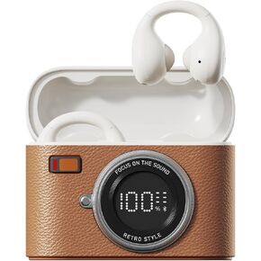 Open Ear Clip Headphones, Wireless Earbuds Bluetooth 5.4 Sport Clip-on Earphones with 4HD Mics, 65H Playtime & LED Display, True Wireless Bluetooth Ear Buds Compatible with Android iOS/Samsung-Brown