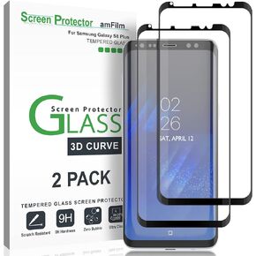 amFilm (2 pack Glass Screen Protector for Samsung Galaxy S8 Plus, 3D Curved Tempered Glass, Dot Matrix with Easy Installation Tray, Case Friendly (Black)
