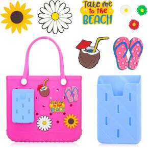 Silicone Phone Holder Compatible with Bogg Bag,Universal Soft Silicone Charm Insert Accessories Set for Bogg Beach Bags, for Most iPhone and Android Phone (Blue, 1x Phone Holder + 8X Charms)