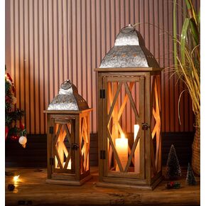 Set of 2 Large Decorative Wooden Metal Lanterns, Farmhouse Rustic Floor Candle Lanterns, Indoor/Outdoor Hanging Lanterns for Home Decor (No Glass)