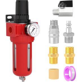 Aluminium Air Compressor Moisture Filter, Manual Drain Air Line Filter, 3/8" NPT Inlet with 150 PSI Gauge and Valve Shut Off Switch for Air Tools and Spray Paint Gun