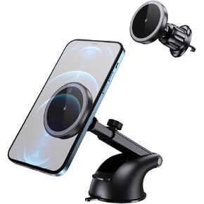Car Mount Charger, Magnetic Wireless Auto Charger Quick Charge, Dashboard Windshield Phone Holder with Flexible Arm Suction Cup, 15W Quick Charging Compatible with Most Smartphones (Gray)