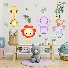 Baby Jungle Animals Wall Stickers - Forest Elephant Giraffe Hippo Lion Wall Decals - Nursery Kids Girls Boys Room Daycare Playroom Classroom Wall Decor