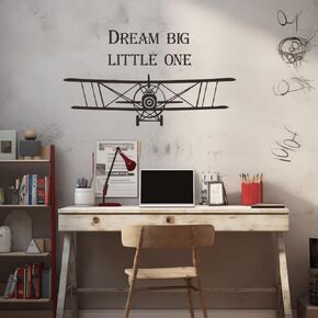 Dream Big Little One - Airplane Wall Sticker Set | Vintage Airplane Travel Decor | Biplane Wall Decal for Travel Enthusiasts and Home Decoration Lovers effect size 23"x13"inch (Black-JZY168-Deram big)