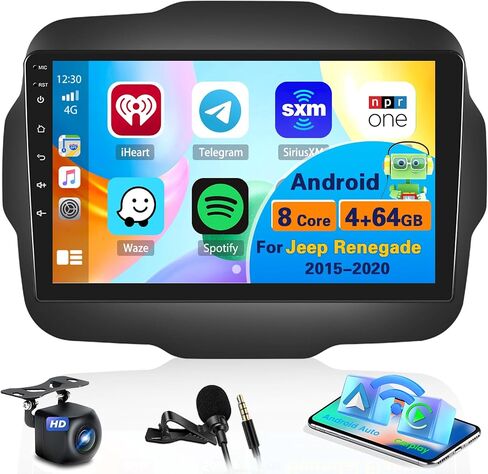 راديو ترقية ستيريو للسيارة 8-Core 4+64G Android 13 لسيارة Jeep Renegade 2015-2020، شاشة لمس عالية الدقة مقاس 9 بوصات مع CarPlay اللاسلكي وAndroid Auto، كاميرا احتياطية AHD، وصلة مرآة، ملاحة GPS in Saudi Arabia