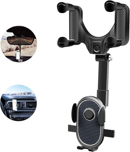 حامل هاتف للسيارة قابل للدوران والسحب، حامل هاتف بمرآة الرؤية الخلفية للسيارة، تعديل دوران 360 درجة مع قاعدة كوب شفط وذراع تلسكوبي لهواتف iPhone وSamsung والهواتف الذكية الأخرى باللون الأسود in Kuwait