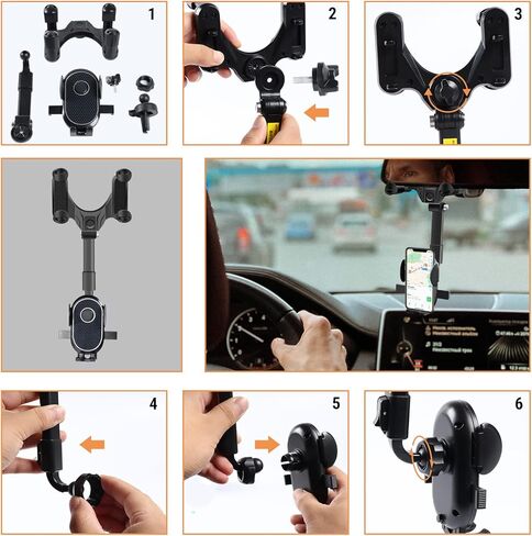 حامل هاتف للسيارة قابل للدوران والسحب، حامل هاتف بمرآة الرؤية الخلفية للسيارة، تعديل دوران 360 درجة مع قاعدة كوب شفط وذراع تلسكوبي لهواتف iPhone وSamsung والهواتف الذكية الأخرى باللون الأسود in Kuwait