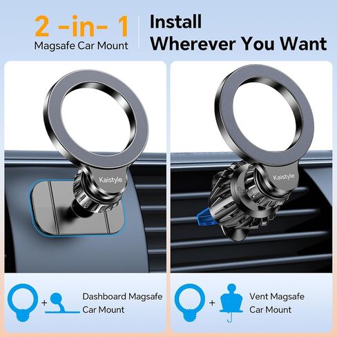 لحامل MagSafe للسيارة - [20 مغناطيس فائق] حامل هاتف مغناطيسي للسيارة 【2 في 1】 حامل هاتف بفتحة تهوية للسيارة، مشبك حامل للهاتف الخلوي آمن بدون استخدام اليدين لهاتف iPhone 15 Pro Max Plus 14 13 12p24 in Kuwait