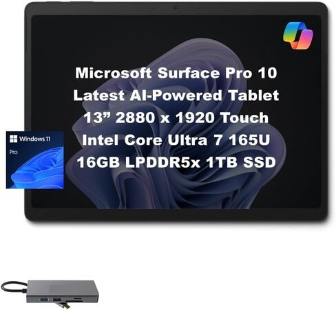 كمبيوتر لوحي Microsoft Surface Pro 10 مقاس 13 بوصة 2880x1920 120 هرتز يعمل باللمس يعمل بالذكاء الاصطناعي للأعمال، Intel 16-Core Ultra 7 165U يدعم مساعد Copilot AI، ذاكرة الوصول العشوائي 16 جيجابايت، 512 جيجابايت SSD، 2X Thunderbolt 4، ويندوز 11 برو، أسود in Saudi Arabia