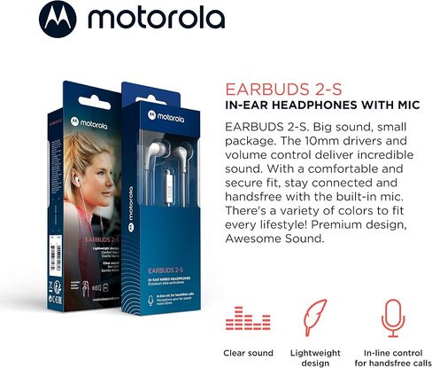 Motorola Wired Earbuds with Microphone - Earbuds 2-S Corded in-Ear Headphones, Control Button for Calls/Music, Comfortable Lightweight Silicone Ear Buds, Clear Bass Sound, Noise Isolation - Black in Kuwait