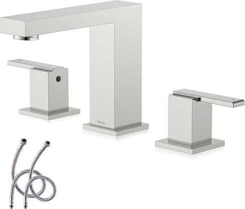 KENES صنبور حمام أسود واسع الانتشار 3 فتحات بالوعة الحمام صنبور أسود غير لامع بمقبضين، 8 بوصة 3 قطع صنبور حمام مع خطوط تصريف وإمداد منبثقة، KE-9050-2-P in Kuwait