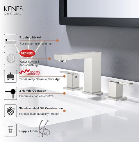 KENES صنبور حمام أسود واسع الانتشار 3 فتحات بالوعة الحمام صنبور أسود غير لامع بمقبضين، 8 بوصة 3 قطع صنبور حمام مع خطوط تصريف وإمداد منبثقة، KE-9050-2-P in Kuwait