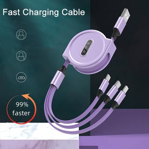 كابل شاحن USB متعدد قابل للسحب 3 في 1 محول سلك شحن متعدد مع موصلات منفذ USB صغير من النوع C متوافقة مع الهواتف المحمولة 3.3FT أرجواني in Kuwait