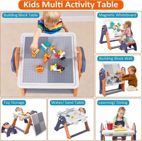 8-in-1 Kids Table and Chair Set, Foldable Kids Activity Table for Toddlers 3-5, Toddler Activity Table Building Block Table with Whiteboard, Water Table Sand Table Sensory Table for Boys Girls in Saudi Arabia