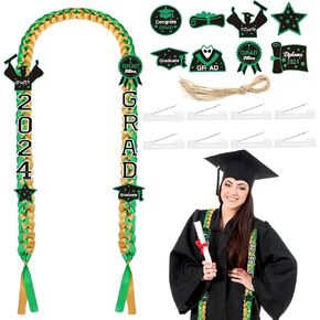 2024 Graduation Ribbon Leis, Handmade Braided Necklace Ribbon Lei with Class of 2024 Number Embroidery Patches Grad Honor Cord Graduation Gifts for Gifts College High School Party Supply(Black, Gold)