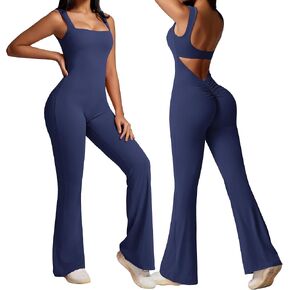 OEAK Womens Scrunch Butt Jumpsuits Flare Backless Romper Tummy Control Unitard Square Neck Outfits One Piece Cutout Bodysuits