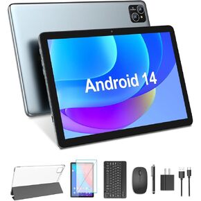 BAKEN 2024 Android 14 Tablet, 10 inch Octa-Core Tablet PC, 8GB RAM+ 128GB ROM, 1TB Expand, 8000mAh Large Battery, GMS, 2 in 1 Tablet with Keyboard, Mouse, Pen, Protective case, 5G WiFi6 (Grey)