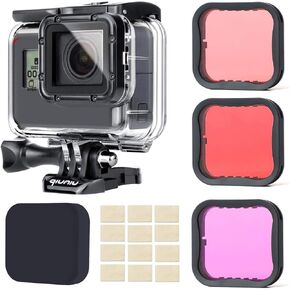 Waterproof housing case for GroPro Hero 5 6 7 Black action camera with underwater photography filters - Red, Light Red and Magenta; Straight-in Design; Waterproof up to 147 feet