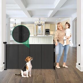 Reinforced 85" Wide Retractable Baby Gates Extra Wide Retractable Dog Gate with Support Rods – Prevent Crawling Under, Indoor Wide Baby Gate Outdoor Retractable Gate, Puppy Gates for The House, Black
