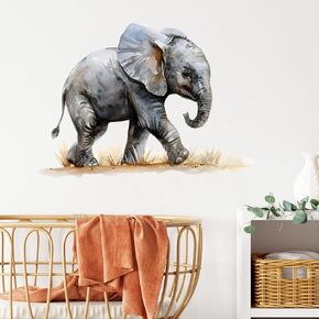 Cute Walking Little Elephant Wall Decal Nursery Animal Wall Sticker Removable Peel and Stick Wall Art Decor for Kid Baby Classroom Preschool Living Room Playroom Bedroom School