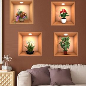 3D Green Pot Plants Wall Decals Flowers Potted Wall Stickers Removable PVC Peel and Stick Wall Art Murals Bedroom Living Room Nursery TV Background Wall Decor 24in*24in
