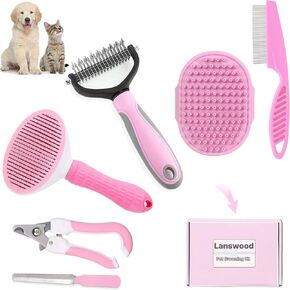 Dog & Cat Grooming Kit - 6PCS Brushes for Shedding, Dematting, Bath, Nail Clipper with File, Flea Comb - Blue