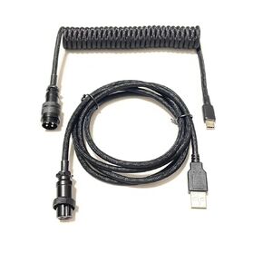 R3N Custom Coiled Aviator Keyboard Cables, Double Sleeving with Metal GX-16 Aviator, Heat Shrink, 1.5M USB C to USB A molding, Black Color