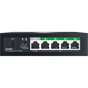 Netis P106GC Uplink POE Switch; 1x 10/100/1000Mbps RJ45 Port, 1xSFP Port, and 4 PoE Function; 12Gbps Wwitching Fabric Capacity/Backplane Bandwidth; Supports 2K MAC Address Table; Plug and Play, Black