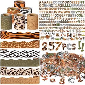 Kosiz Colorful Bulletin Board Decoration Set 118 ft Scalloped Bulletin Board Borders Classroom Poster Border Trim with 257 Pcs Letter Number Symbol Cutout for School Decor(Wild Style)