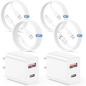 Fast Charger for iPhone 16 15 14, 2-Pack 20W Dual Port USB Charger with (6ft+10ft) USB C Cable for iPhone 15 Pro Max Plus, iPad Pro/Air/Mini, Type-C/USB-A to Lightning Cable for iPhone 14/13/12/11