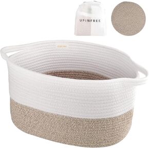 Cute Woven Basket With Handles,（15"x9.8"x9" Sturdy&Durable Baby Toys Basket,Nursery Bin,Dog Toy Basket,Dog Toy Bin,Dog Toy Box,Kindly for Baby,White and Brown ,1pack