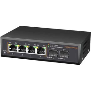 4 Ports 2.5G PoE Switch with 10G SFP+ Slot IEEE802.3af/at 30W Up to 75W 10/100/1000M/2.5G Desktop Ethernet Switch Unmanaged Network Fiber Switch 110-240V AC