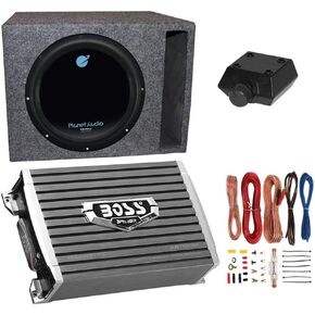 Planet Audio AC12D 12" 1800W 4 Ohm DVC Car Subwoofer Package with Boss Audio 1500W Mono A/B Amplifier, Wiring Amp Kit and QPower Vented Sub Enclosure