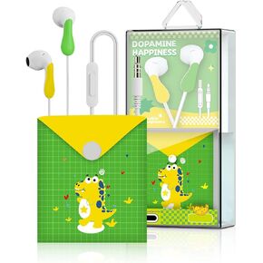 QearFun Dinosaur Style Earbuds for Kids in-Ear Headphones,Wired Heavy Bass Headphones,Earphone with Microphone Noise Isolating,Gifts for School Girls Boys. (yellow-green)