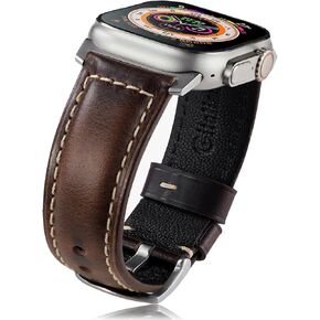 Leather Band Compatible with Apple Watch Ultra Band 49mm 45mm 44mm 42mm for Men, Retro Genuine Leather Rough and Wide Bands for iWatch Ultra 2, Series 9 SE 8 7 6 5, Brown