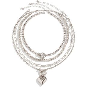 4Pcs Chunky Layered Heart Pendant Necklace Set,Dainty 14k Gold Beaded Double Ot Buckle Choker Necklace Charm Herringbone Paperclip Chain Coin Necklace in Kuwait