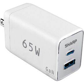 شاحن شارب USB C، 65 وات، 2 منفذ (USB A+C)، شحن سريع GaN مدمج قابل للطي لأجهزة MacBook Pro/Air، iPad Pro، Galaxy S23، Dell XPS 13، Note 20/10+، iPhone 15/Pro، والمزيد - أبيض in Kuwait