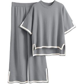 Chatinction Women 2 Piece Outfits Knit Sweater Sets Lounge Short Sleeve Pullover Tops Elastic Waist Wide Leg Pants