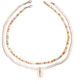 Ocean Wind Shell Imitation Pearl Necklace Set Rice Beads Shell Beach Pendant Necklace for Women Adjustable Layered Natural Sea Shell Beads Choker Necklace for Girls Summer Beach Jewelry