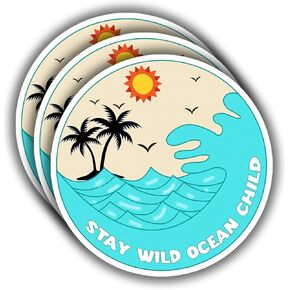 (3 pcs) Stay Wild Ocean Child Sticker Funny Beach Sea Life Tumbler Decal Sticker for Kindle Laptop Water Bottle Phone Hard Hat Vinyl Decal - 3x3