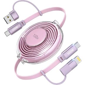 كابل USB C قابل للسحب 100 واط، كابل شحن متعدد 4 في 1 شحن سريع USB-C/A إلى Lightning/USB-C سلك شاحن هاتف قابل للسحب لهاتف iPhone 15 وSamsung وMacBook وiPad in Kuwait