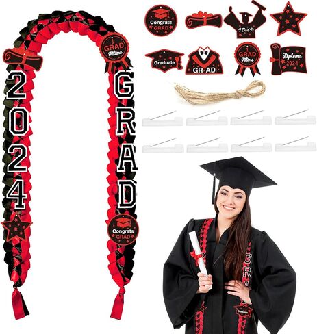 2024 Graduation Ribbon Leis, Handmade Braided Necklace Ribbon Lei with Class of 2024 Number Embroidery Patches Grad Honor Cord Graduation Gifts for Gifts College High School Party Supply(Black, Gold) in Saudi Arabia