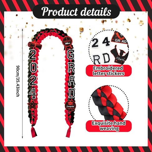 2024 Graduation Ribbon Leis, Handmade Braided Necklace Ribbon Lei with Class of 2024 Number Embroidery Patches Grad Honor Cord Graduation Gifts for Gifts College High School Party Supply(Black, Gold) in Saudi Arabia