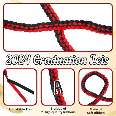 2024 Graduation Ribbon Leis, Handmade Braided Necklace Ribbon Lei with Class of 2024 Number Embroidery Patches Grad Honor Cord Graduation Gifts for Gifts College High School Party Supply(Black, Gold) in Saudi Arabia