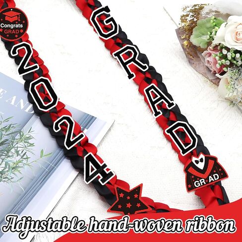 2024 Graduation Ribbon Leis, Handmade Braided Necklace Ribbon Lei with Class of 2024 Number Embroidery Patches Grad Honor Cord Graduation Gifts for Gifts College High School Party Supply(Black, Gold) in Saudi Arabia