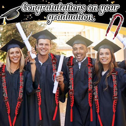 2024 Graduation Ribbon Leis, Handmade Braided Necklace Ribbon Lei with Class of 2024 Number Embroidery Patches Grad Honor Cord Graduation Gifts for Gifts College High School Party Supply(Black, Gold) in Saudi Arabia