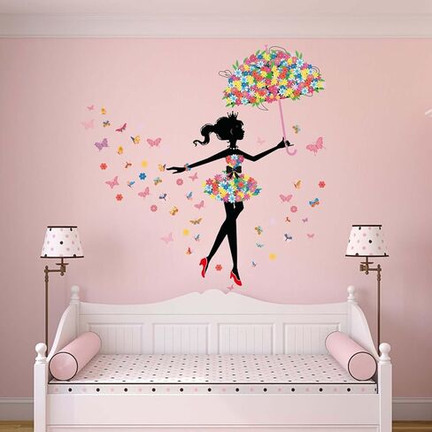 Girls with Umbrella Wall Stickers - Flower Fairy Wall Decals - Bedroom Baby Nursery Kids Room Daycare Playroom Wall Decor in Saudi Arabia