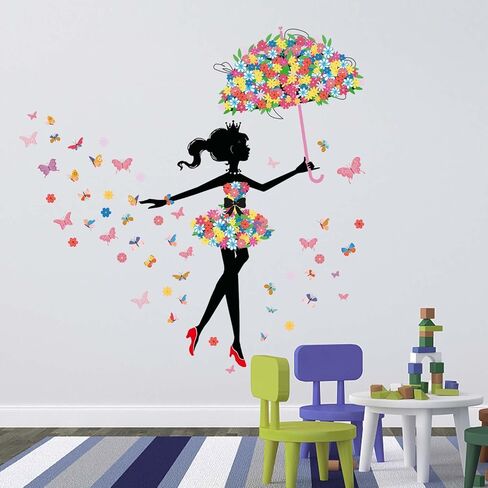 Girls with Umbrella Wall Stickers - Flower Fairy Wall Decals - Bedroom Baby Nursery Kids Room Daycare Playroom Wall Decor in Saudi Arabia