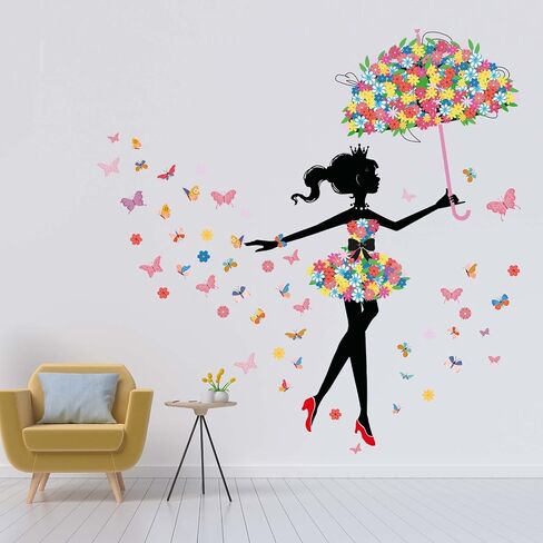 Girls with Umbrella Wall Stickers - Flower Fairy Wall Decals - Bedroom Baby Nursery Kids Room Daycare Playroom Wall Decor in Saudi Arabia
